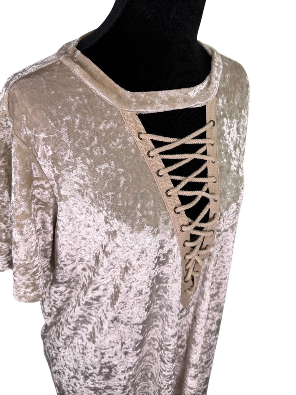 Entro L Champagne Crushed Velvet Lace Up Top Boho Y2K - Picture 3 of 10